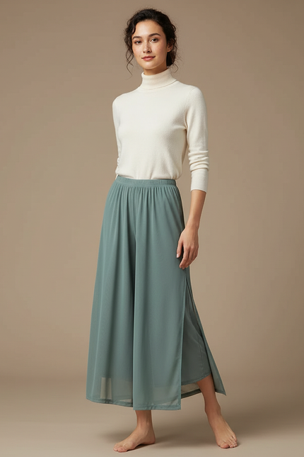Pantalon Chinois Vert Sauge Fluide Fendu Élégant - Polyester