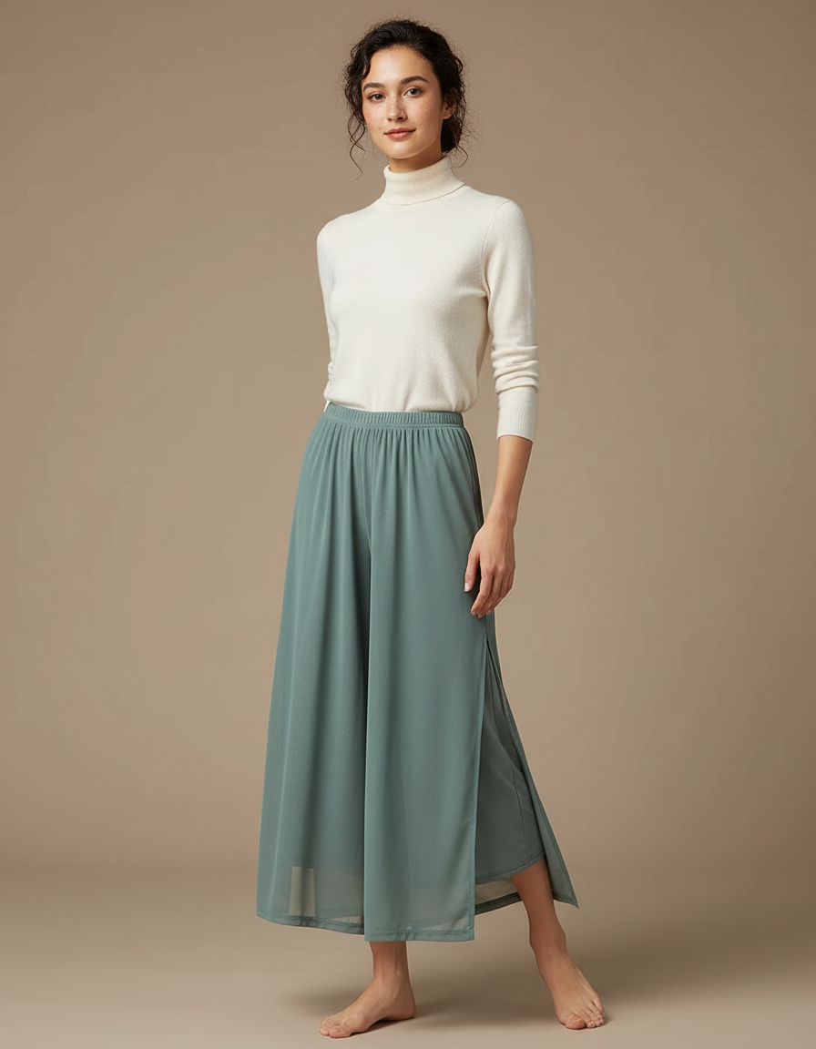 Pantalon Chinois Vert Sauge Fluide Fendu Élégant - Polyester