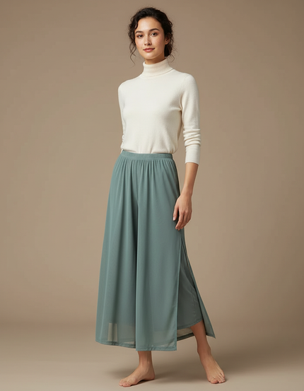 Pantalon Chinois Vert Sauge Fluide Fendu Élégant - Polyester
