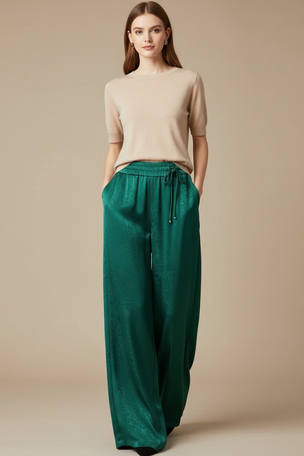 Pantalon Chinois Vert Satin Fluide Ample Imprimé