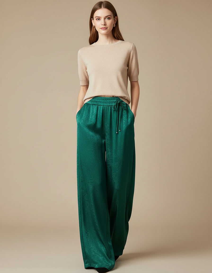 Pantalon Chinois Vert Satin Fluide Ample Imprimé