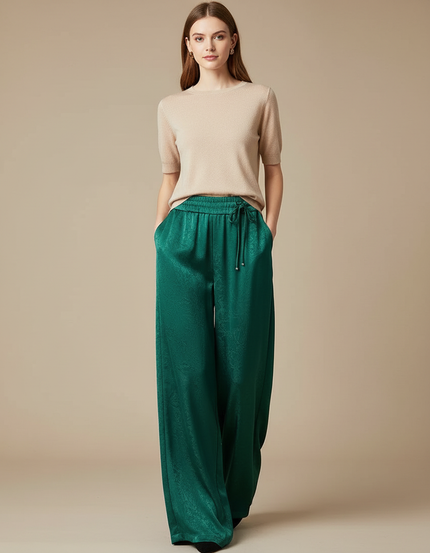 Pantalon Chinois Vert Satin Fluide Ample Imprimé