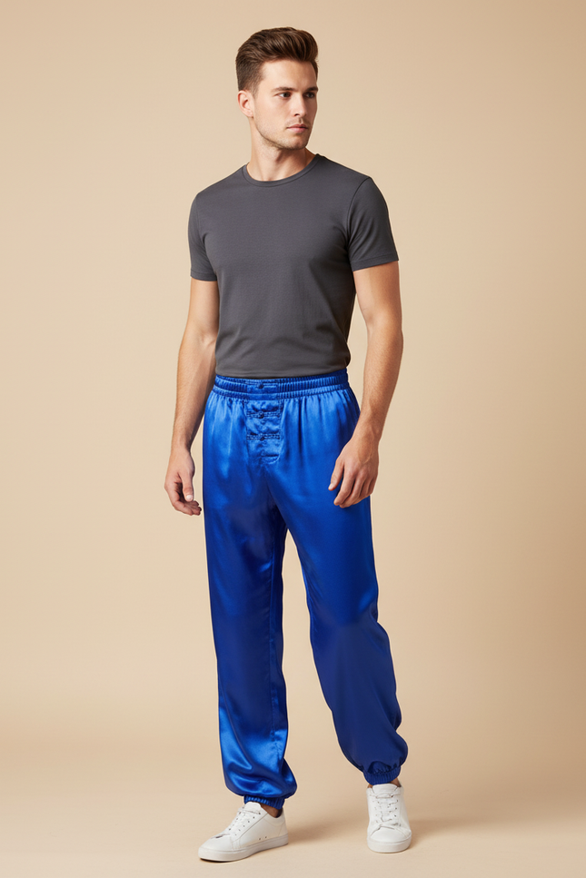 Pantalon Chinois Bleu Royal Satiné Ample Décontracté