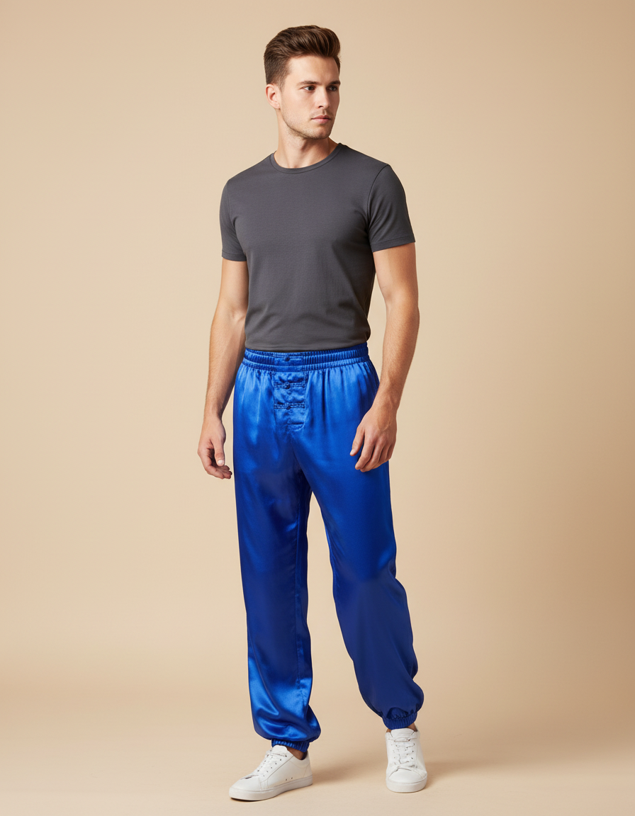 Pantalon Chinois Bleu Royal Satiné Ample Décontracté