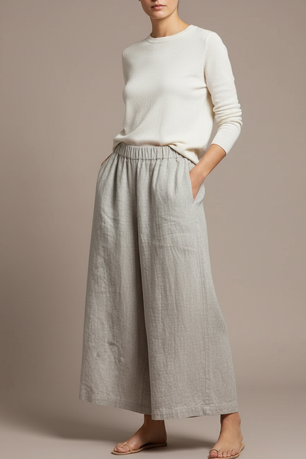 Pantalon Chinois Lin Ample Gris Décontracté Fluide