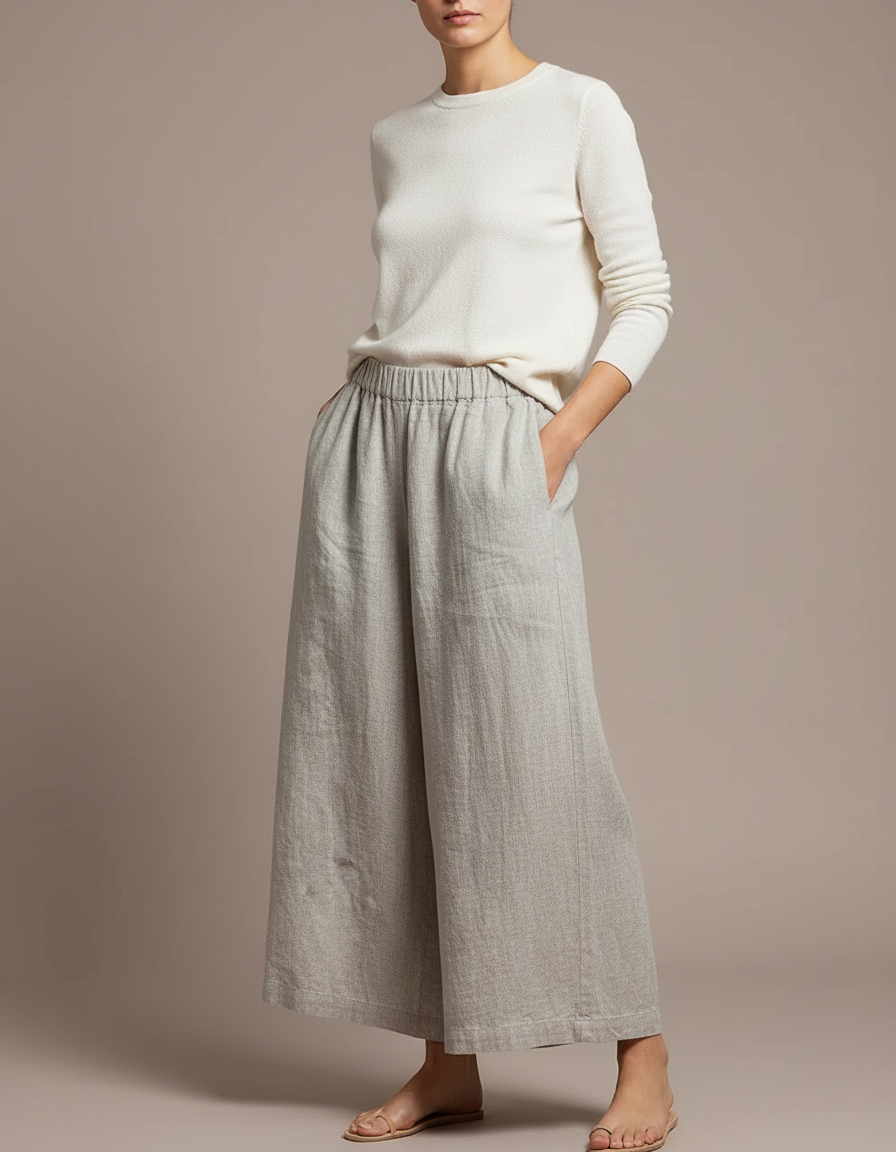 Pantalon Chinois Lin Ample Gris Décontracté Fluide