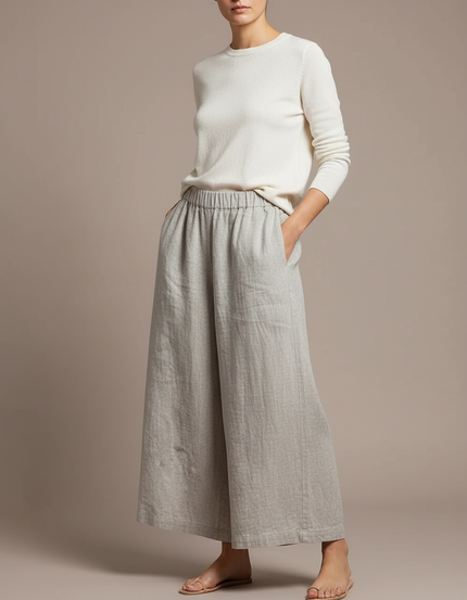 Pantalon Chinois Lin Ample Gris Décontracté Fluide