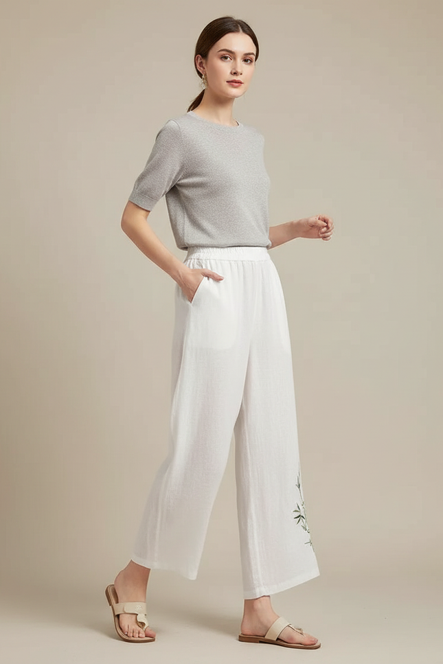 Pantalon Chinois Blanc Lin Ample Brodé Bambou