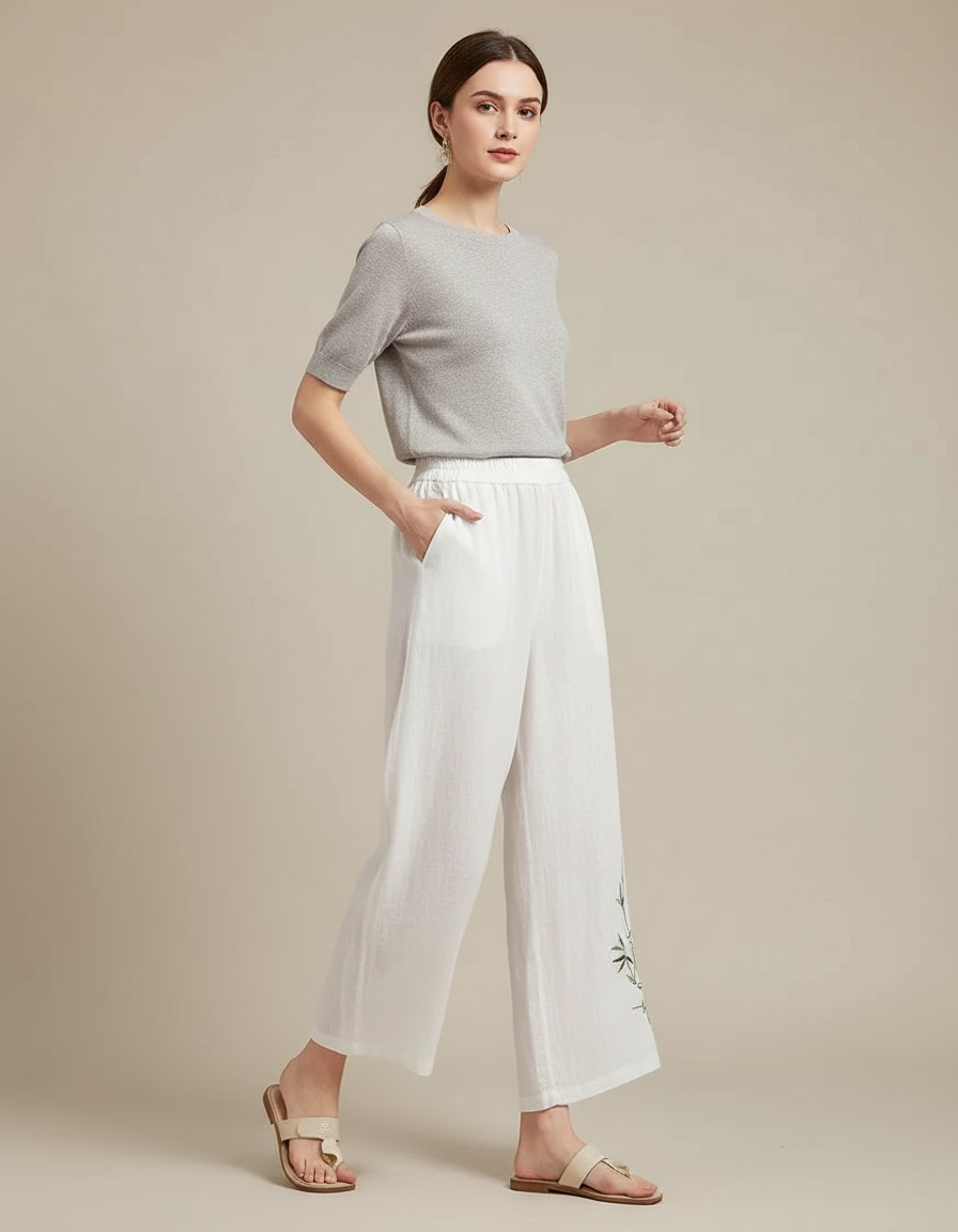 Pantalon Chinois Blanc Lin Ample Brodé Bambou