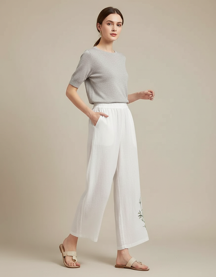 Pantalon Chinois Blanc Lin Ample Brodé Bambou