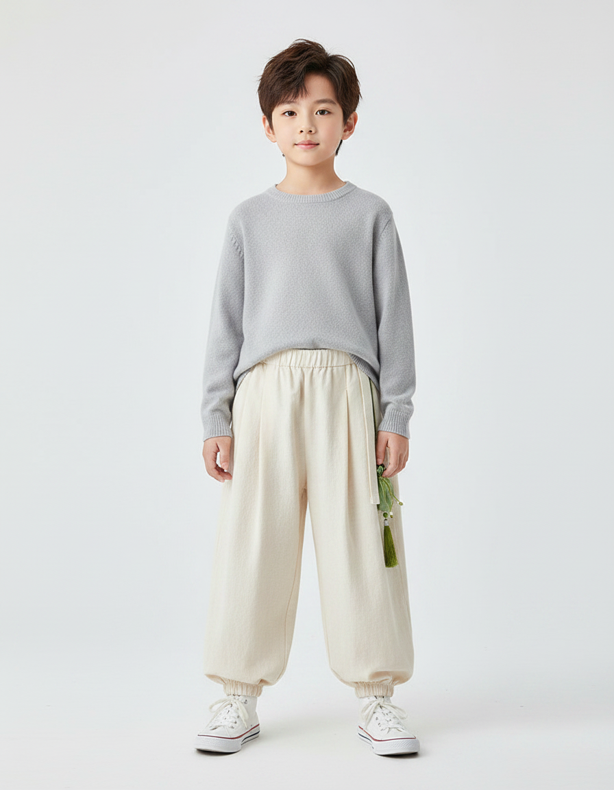 Pantalon Chinois Écru Ample Coton Enfant Décontracté - Beige