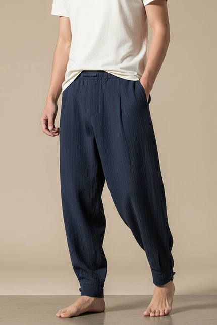 Pantalon Chinois Bleu Marine Plissé Ample Coton Lin