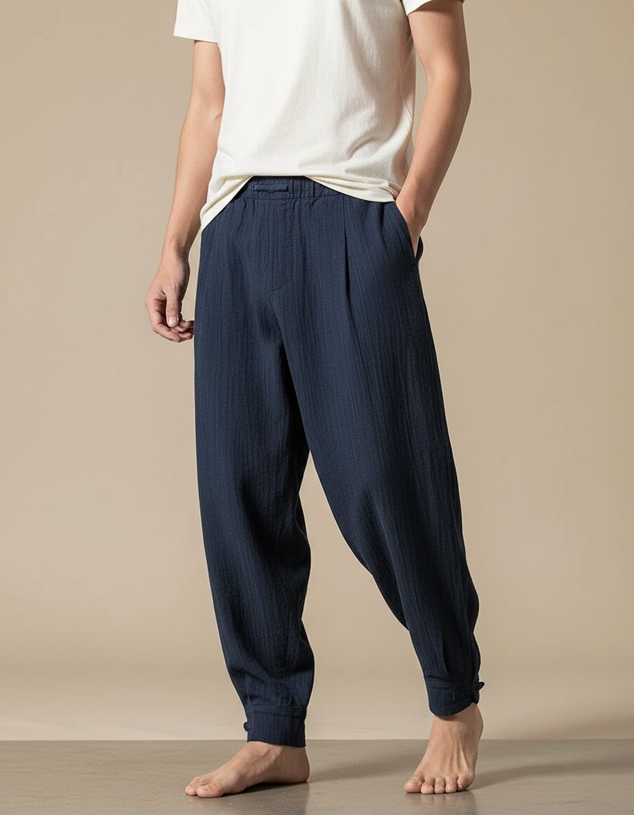 Pantalon Chinois Bleu Marine Plissé Ample Coton Lin