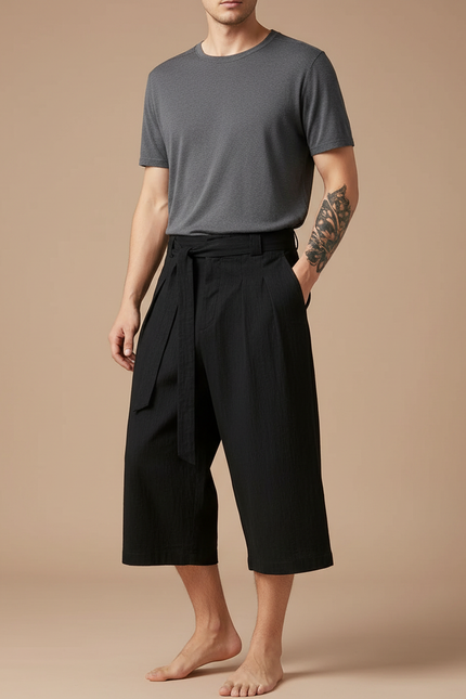 Pantalon Chinois Noir Ample Coton Lin Ceinturé Décontracté