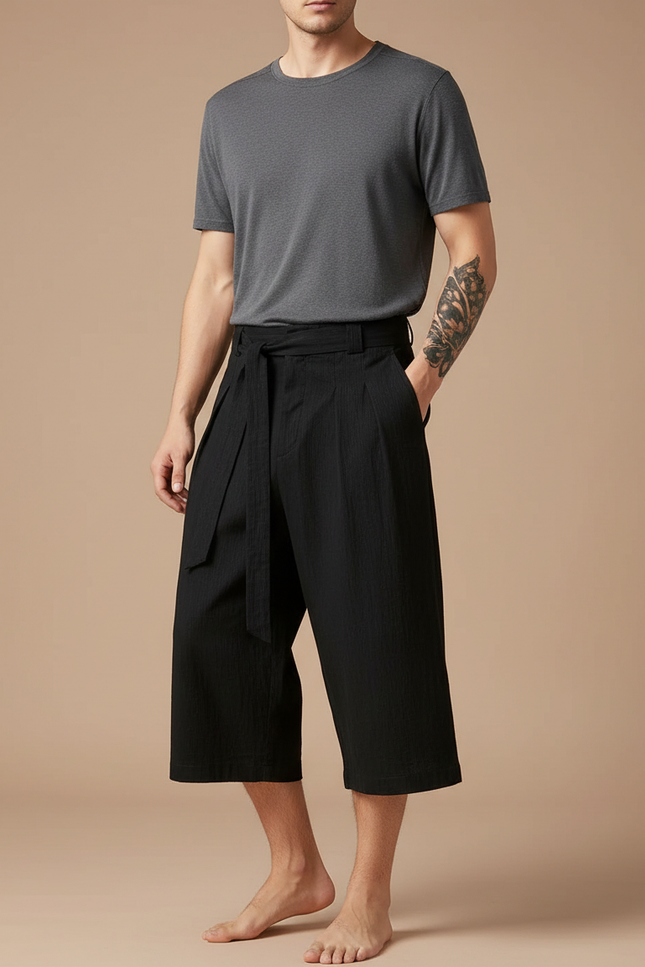 Pantalon Chinois Noir Ample Coton Lin Ceinturé Décontracté