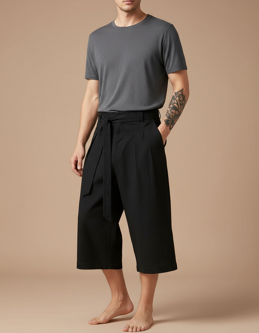 Pantalon Chinois Noir Ample Coton Lin Ceinturé Décontracté