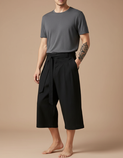 Pantalon Chinois Noir Ample Coton Lin Ceinturé Décontracté