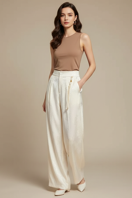 Pantalon Chinois Satin Jacquard Écru Ample Élégant Femme - Beige