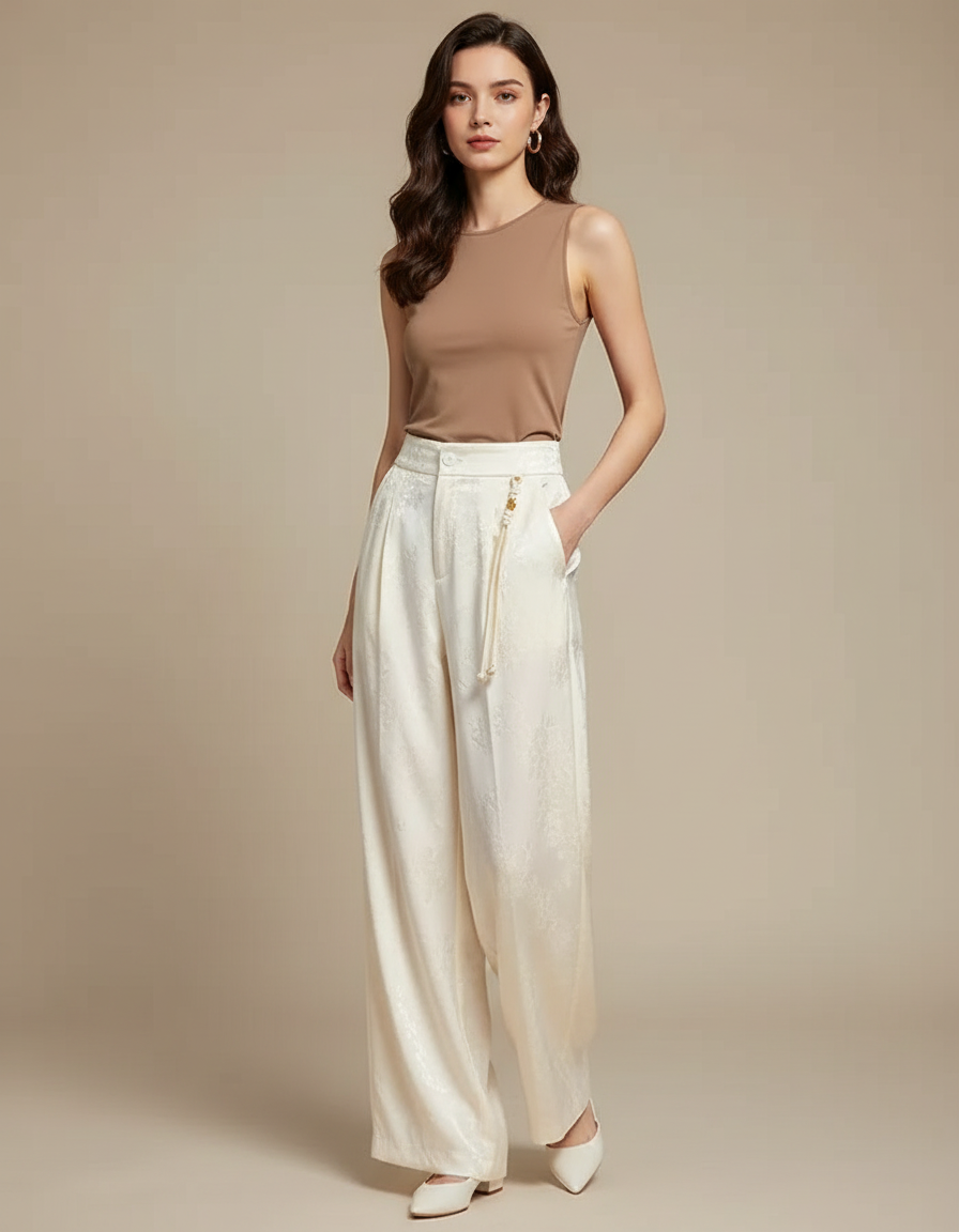 Pantalon Chinois Satin Jacquard Écru Ample Élégant Femme - Beige
