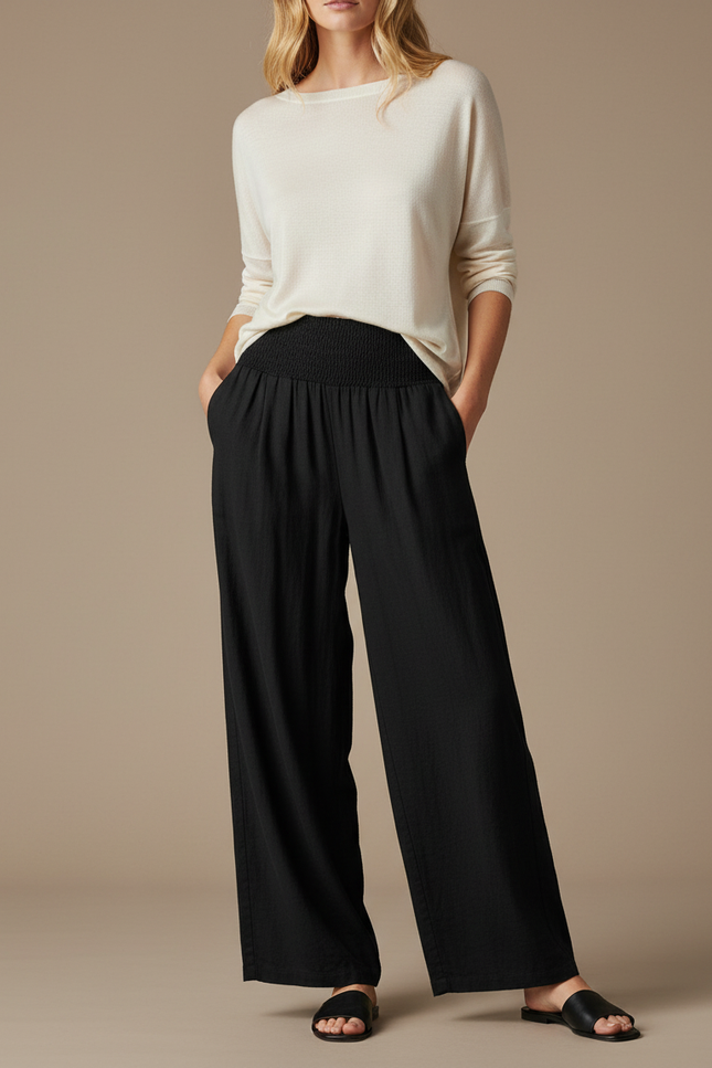 Pantalon Chinois Noir Ample Fluide Smocké Décontracté - Lin