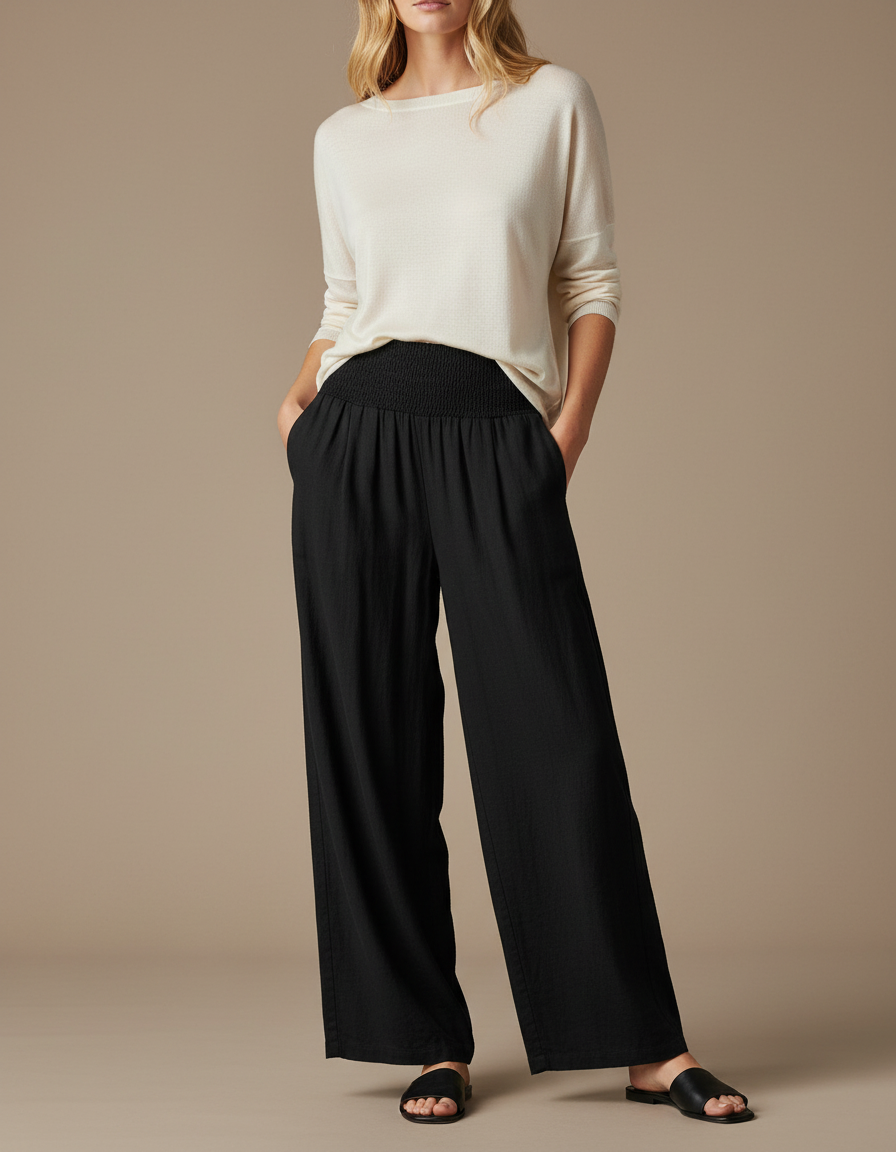 Pantalon Chinois Noir Ample Fluide Smocké Décontracté - Lin