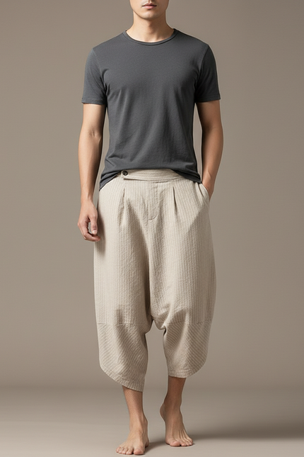 Pantalon Chinois Harem Beige Lin Ample Rayé Homme