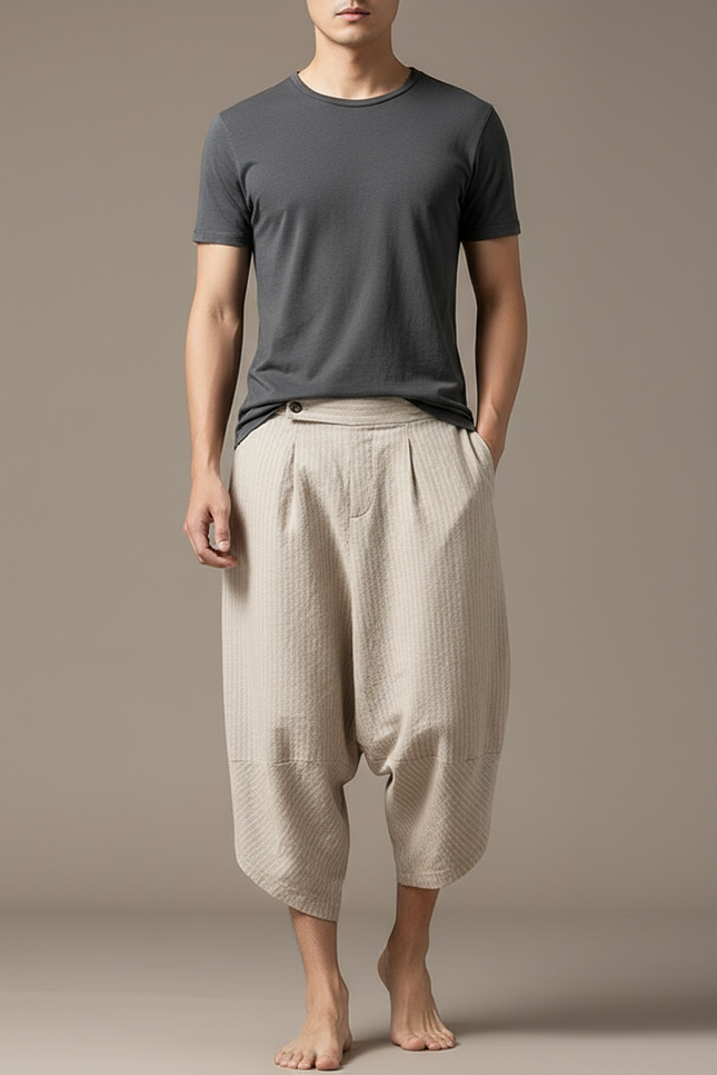 Pantalon Chinois Harem Beige Lin Ample Rayé Homme