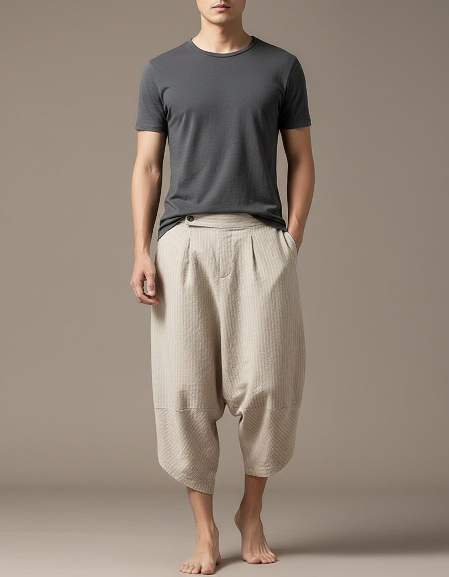 Pantalon Chinois Harem Beige Lin Ample Rayé Homme