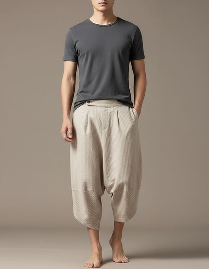 Pantalon Chinois Harem Beige Lin Ample Rayé Homme