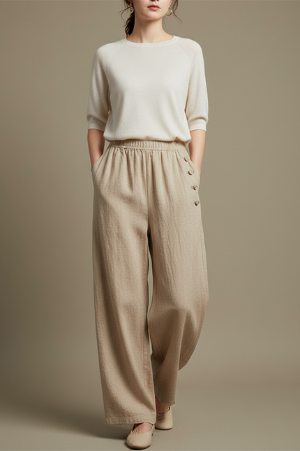 Pantalon Chinois Beige Ample Lin Coton Boutons