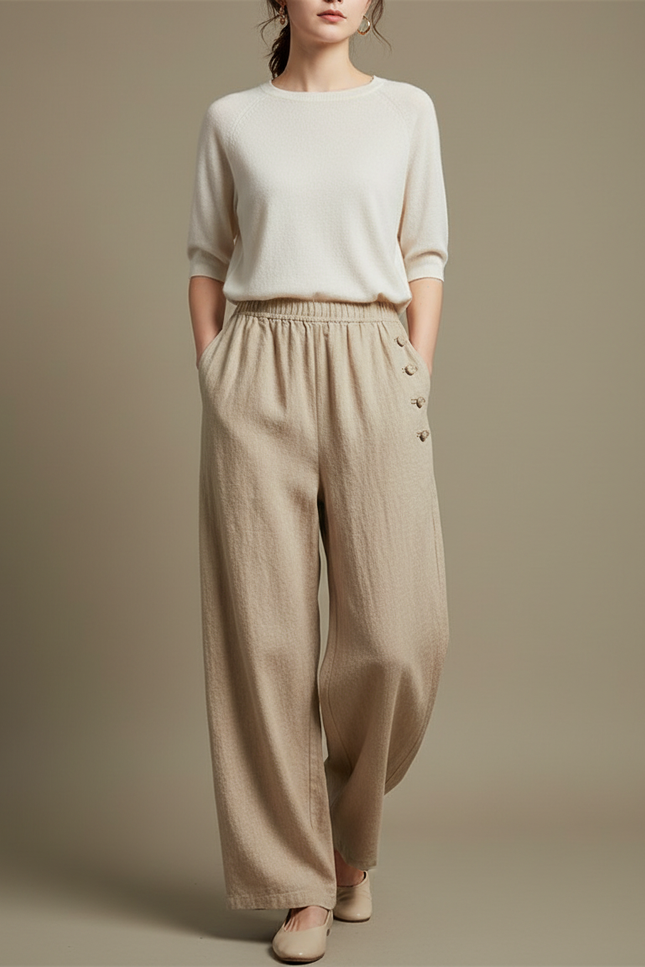 Pantalon Chinois Beige Ample Lin Coton Boutons