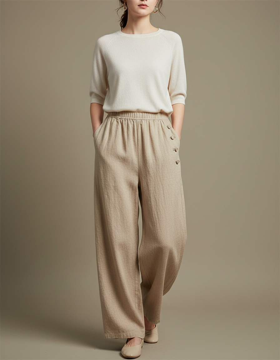 Pantalon Chinois Beige Ample Lin Coton Boutons