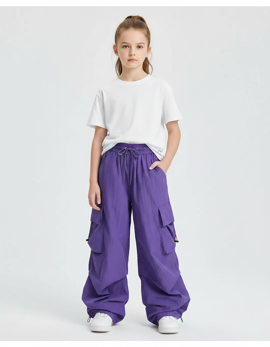 Pantalon Chinois Violet Cargo Ample Décontracté Enfant - Polyester