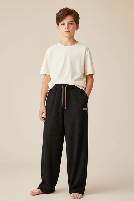 Pantalon Chinois Noir Côtelé Ample Décontracté Garçon - Cordé