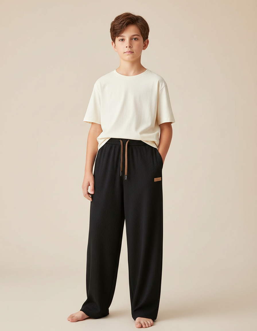 Pantalon Chinois Noir Côtelé Ample Décontracté Garçon - Cordé