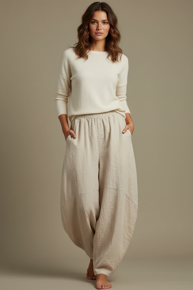 Pantalon Chinois Lin Ample Beige Confortable Élégant