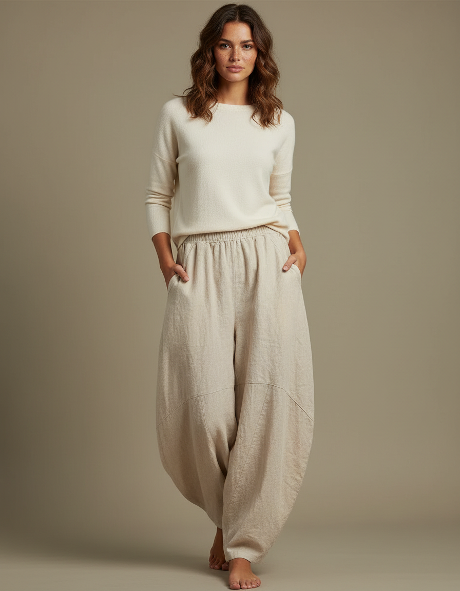 Pantalon Chinois Lin Ample Beige Confortable Élégant