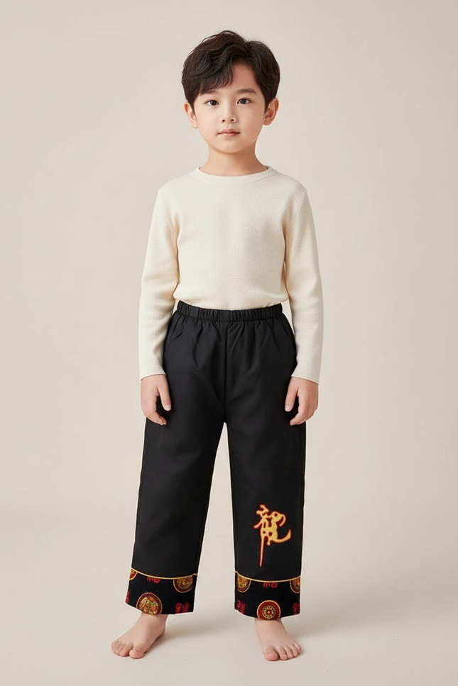 Pantalon Chinois Noir Ample Brodé Traditionnel Garçon - Toile