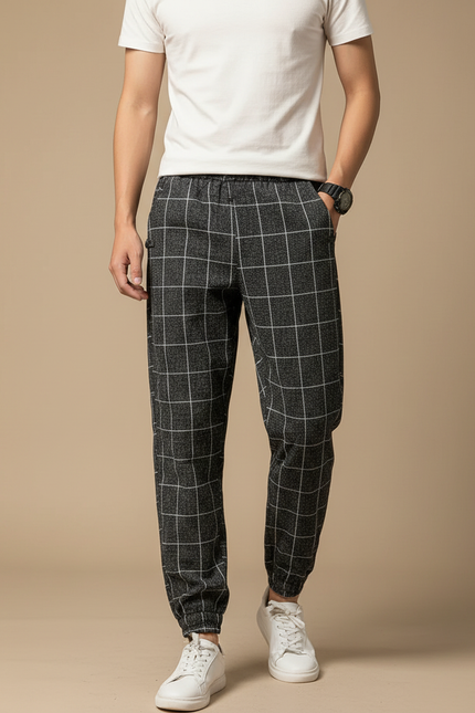 Pantalon Chinois Treillis Carreaux Gris Chevilles Élastiques - Molleton