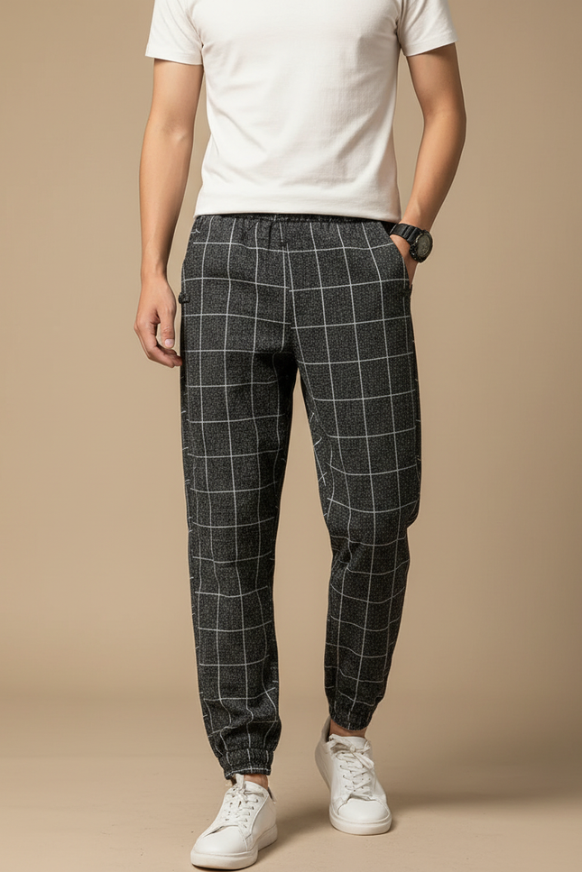 Pantalon Chinois Treillis Carreaux Gris Chevilles Élastiques - Molleton
