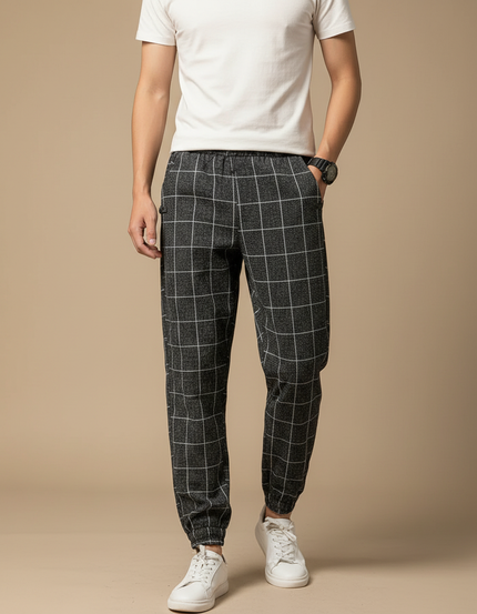 Pantalon Chinois Treillis Carreaux Gris Chevilles Élastiques - Molleton