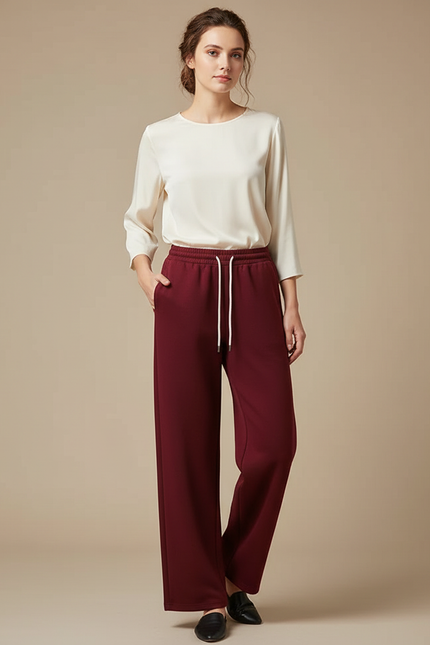 Pantalon Chinois Bordeaux Ample Cordon Décontracté Femme - Molleton