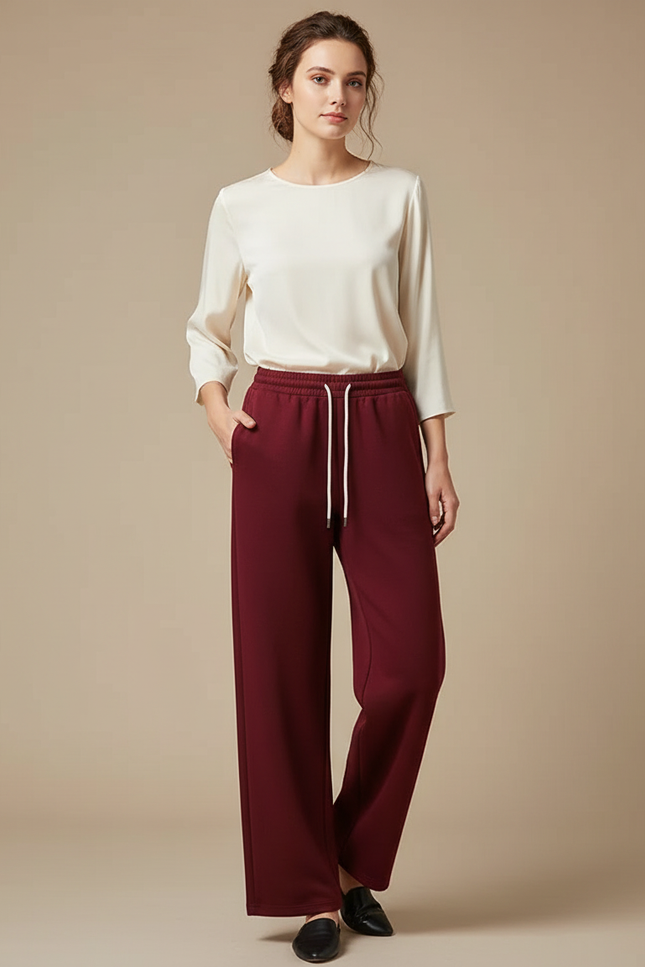 Pantalon Chinois Bordeaux Ample Cordon Décontracté Femme - Molleton