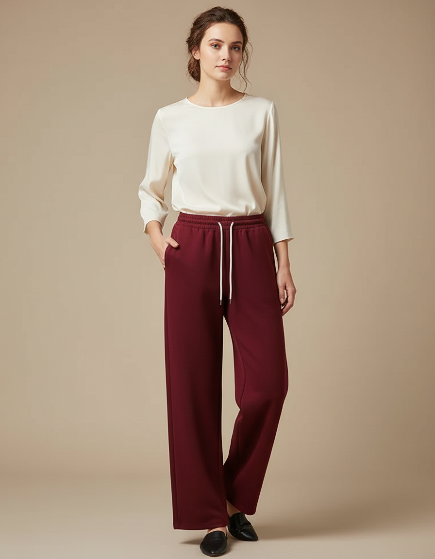 Pantalon Chinois Bordeaux Ample Cordon Décontracté Femme - Molleton