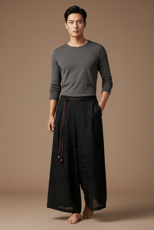 Pantalon Chinois Noir Jacquard Ample Vintage Fluide - Viscose
