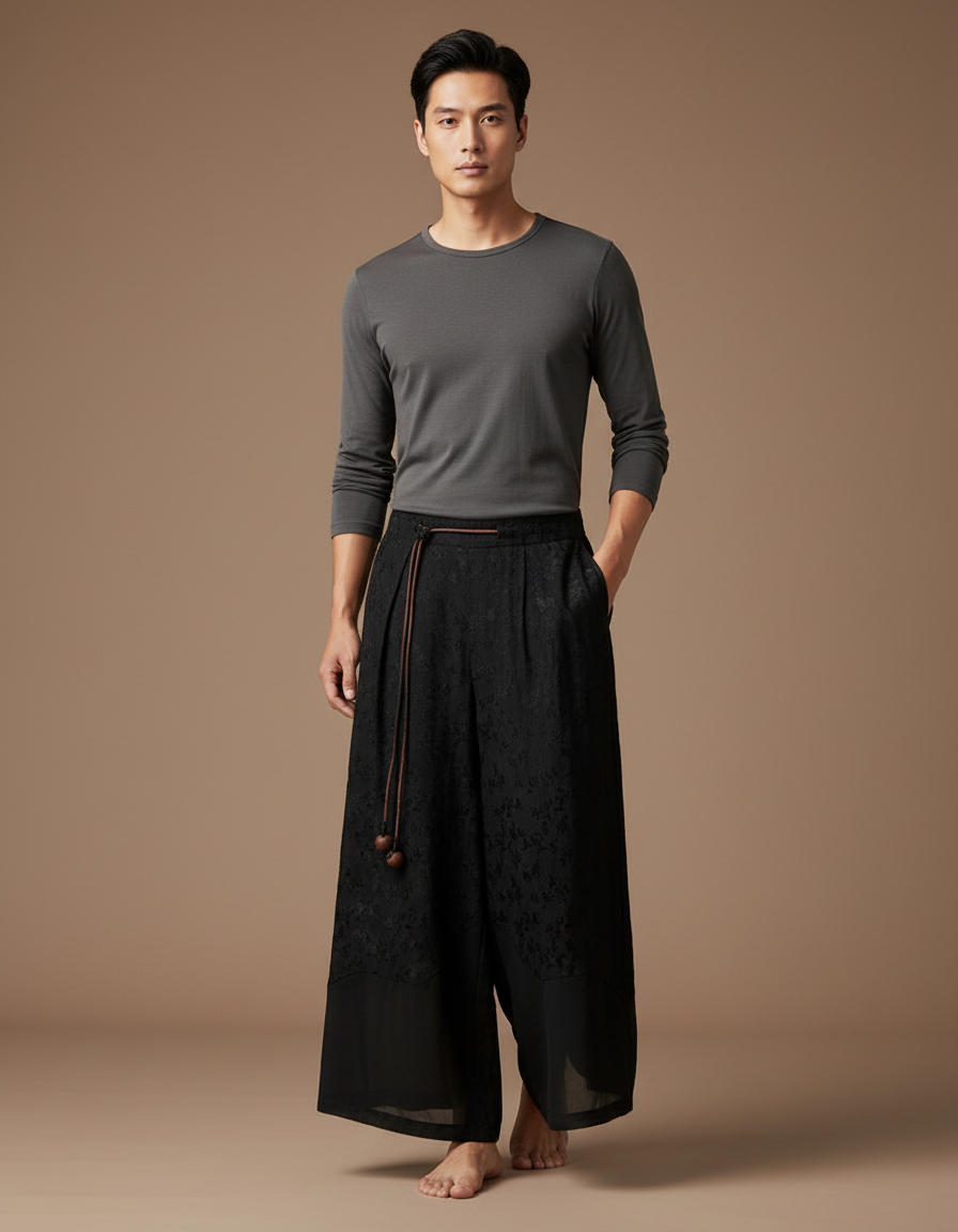 Pantalon Chinois Noir Jacquard Ample Vintage Fluide - Viscose