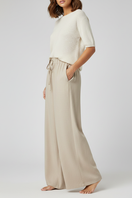 Pantalon Chinois Beige Ample Fluide Cordon Décontracté - Lin