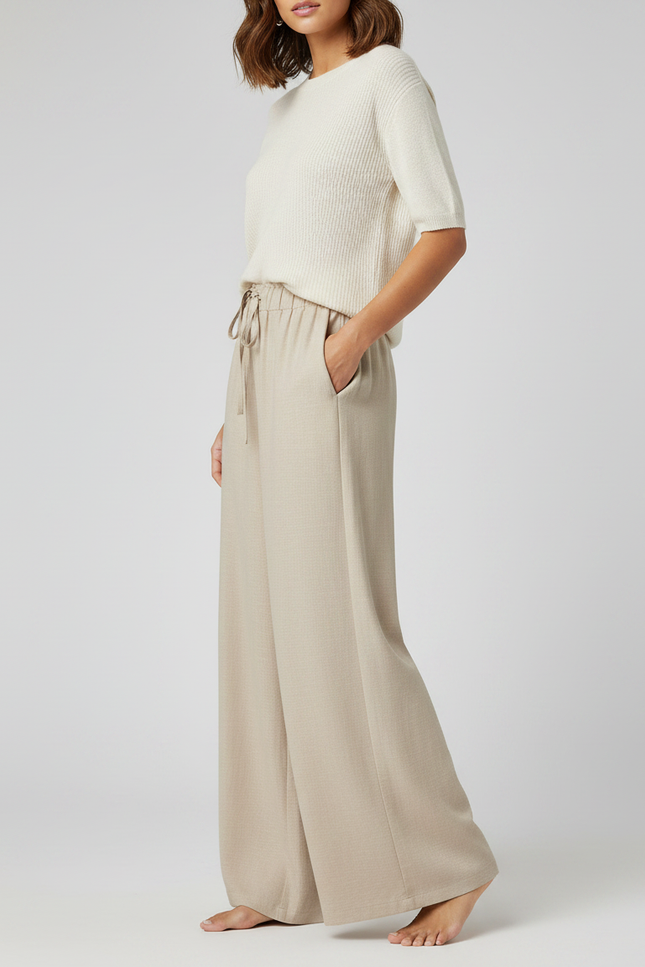 Pantalon Chinois Beige Ample Fluide Cordon Décontracté - Lin