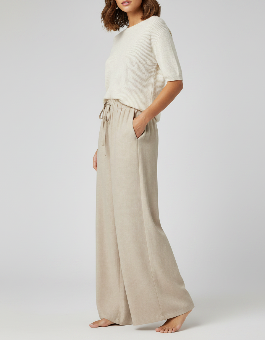 Pantalon Chinois Beige Ample Fluide Cordon Décontracté - Lin