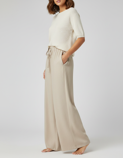 Pantalon Chinois Beige Ample Fluide Cordon Décontracté - Lin
